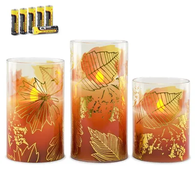 3 LED-Kerzen mit Herbstblättern, echte Wachs, Timer, H 10-15 cm