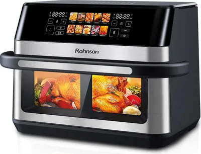 A Rohnson R-2882 air fryer oven is shown from the front, with two roasted chickens visible inside.