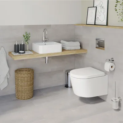 Produktbild von Lenz Gästebad-Set PERFECT FIT 8-teilig Chrom – Wand-WC inkl. WC-Sitz mit Absenkautomatik, Waschtisch, sparsame Armatur, Siphon & Badaccessoire-Set
