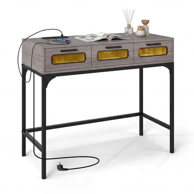 Produktbild von COSTWAY Konsolentisch, Beistelltisch mit LED-Beleuchtung & Ladestation, Flurtisch schmal mit 3 Schubladen, Sofatisch, 90 x 40 x 75 cm, Grau & Schwarz