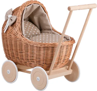 Zdjęcie produktu dla Lili Wózek wiklinowy dla lalek z beżowym obszyciem 55X30 H45 cm