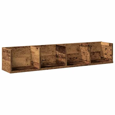 A long, narrow, wooden shelf with four compartments, presented against a white background.