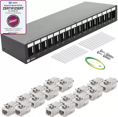 A network patch panel with keystone modules and accessories, presented on a white background.
