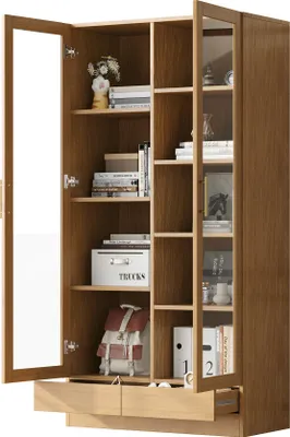Produktbild von Merax Glasvitrine mit 2 Glastür, 2 Schublade, Metallgriffe, Regale, Büro Hochschrank, Aktenschrank, Schrank, Holzoptik Vitrinen, 160x80x40cm, Natur