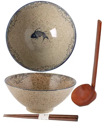 Produktbild von Set aus 3 japanischen Keramik-Ramen-Schalen mit Löffel