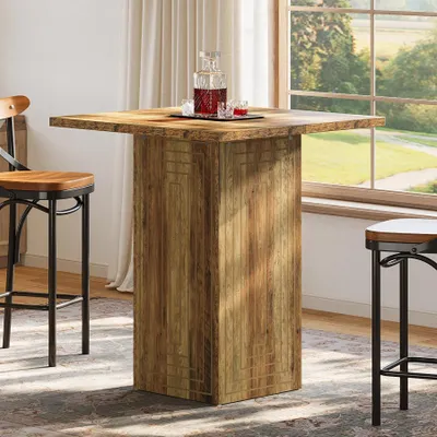 Obrázek produktu pro Dřevěný čtvercový barový stolek – stojací stolek pro domácí bar – styl venkovského domu, výška pultu – 79 x 79 x 90 cm – pro 4 osoby – rustikální hnědá barva
