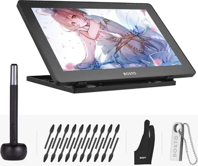 Produktbild von Grafický tablet BOSTO 16HD 15,6palcový monitor grafického tabletu IPS s vysokým rozlišením 1920 * 1080 8192 úrovní přítlaku s dobíjecím stylusem / 20 hroty pera / 16 GB USB pevný disk / rukavice / čisticí hadřík / nastavitelný stojan