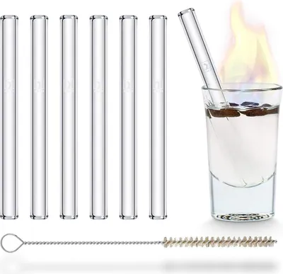 Produktbild von HALM Glasstrohhalme Wiederverwendbar Trinkhalm - 6 Stück kurz gerade 10 cm + plastikfreie Reinigungsbürste - Spülmaschinenfest - Nachhaltig - Glastrinkhalme Glasstrohalme für Shot-Gläser