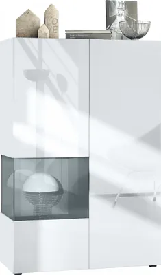 Produktbild von Vladon Vitrine Morena V2,  Germany, Standvitrine mit 2 Türen und Glaseinsatz, Korpus Weiß matt, Fronten Weiß Hochglanz, Cube Grau Hochglanz  (91,5 x 136,5 x 37 cm)