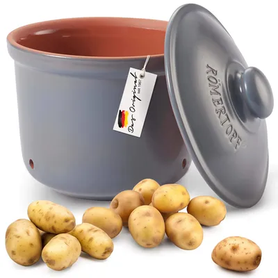 Produktbild von Römertopf Kartoffeltopf MAXI PLUS aus atmungsaktivem Ton, 5,5 Liter, Blau-Grau – für langanhaltend frisches Gemüse mit dunklem Innenklima