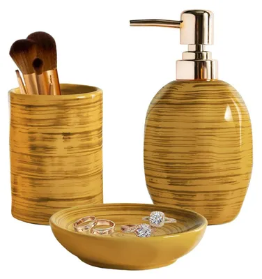 Productafbeelding van Keramische badkameraccessoires set, 3-delig. Aardebruin. Inclusief: tandenborstelhouders, zeepdispenser, zeepbakje. Badkamerorganizer met marmertextuur, in de kleur drumgeel