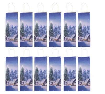 Produktbild von 12 Flaschentaschen Weihnachten – 12,5 x 9 x 35 cm – Geschenktüten aus Kraftpapier mit Winterlandschaft & Weihnachtsbaum – Perfekt für Wein-, Sekt- & Spirituosenflaschen