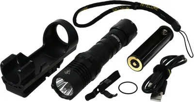 A black Nitecore P20i UV flashlight and its accessories are laid out on a white background.