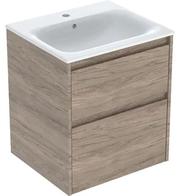 Produktbild von Geberit Renova Plan Set Möbelwaschtisch schmaler Rand, mit Unterschrank, zwei Schubladen: 55x62.1x48cm, Breite Waschtisch=55cm, Waschtisch: weiß, Korpus, Front: Nussbaum hickory / Melamin Holzstruktur