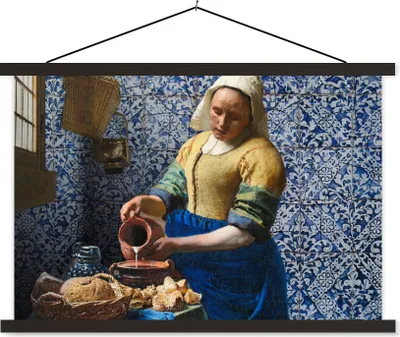 Produktbild von MuchoWow® Textilposter Milchmädchen - Delfter Blau - Vermeer - Gemälde - Alte Meister 150x100 cm mit schwarzem Rahmen - Schlafzimmer