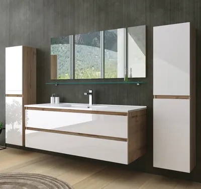 Produktbild von Badmöbel Set Eiche Weiss Hochglanz  Badezimmermöbel Hochschrank Waschtisch Spiegel Bad 6Teilig Eiche