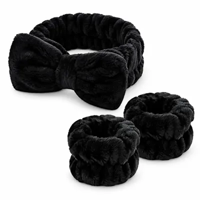 Produktbild von Kosmetik Haarband mit Schleife & 2 Handgelenkbänder – Plüsch Stirnband zum Schminken, Abschminken & Gesicht Waschen, Spa Set – Schwarz