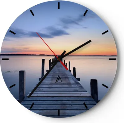 Produktbild von Wanduhr - Rund - Glasuhr - Sonnenuntergang See Wasser Brücke - 30x30cm - Schleichendes Uhrwerk - Lautlos - zum Aufhängen bereit - Dekoration Modern - Wanddekoration aus Glas - C3AR30x30-2508