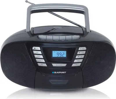 A black Blaupunkt boombox with a gray handle is shown against a white background.