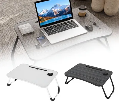 Produktbild von YARDIN Laptop Tisch für Bett und Sofa, klappbarer Beistelltisch 60x40cm, Winkel verstellbar, mit Getränkehalter und Tabletschlitz, Schwarz