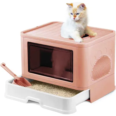 Immagine prodotto di Lettiera per gatti pieghevole con cassetto – Include spazzola per rimuovere il pelo – Grande capacità – Facile da pulire – Colore rosa