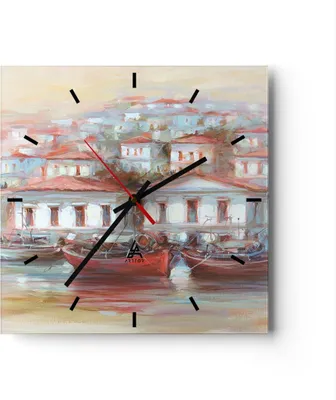 Produktbild von Wanduhr - Quadrat - Glasuhr - Bild Segelboot Hafen - 30x30cm - Schleichendes Uhrwerk - Lautlos - zum Aufhängen bereit - Dekoration Modern - Wanddekoration aus Glas - C3AC30x30-4937