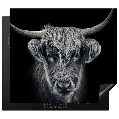 Produktbild von KitchenYeah© Herdabdeckplatte Schottischer Highlander - Schwarz - Kuh - Tiere , 58x51cm, Küche Deko, Glaskeramikkochfeld Herdabdeckung, Abdeckplatte fùr Kochfeld