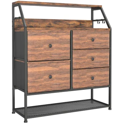 Image de Iropro Commode 5 tiroirs, commode en tissu avec étagère à chaussures, en MDF et métal, brun vintage+noir, 84x30x107cm