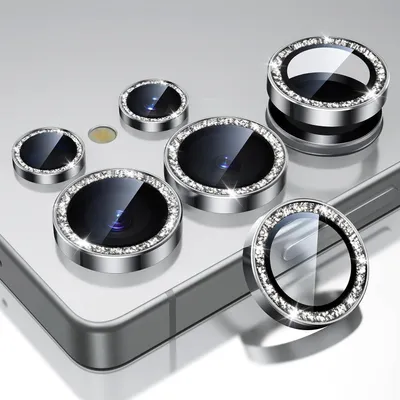 Immagine prodotto di Custodie protettive per fotocamera per Samsung Galaxy S25 Ultra, set da 5, in vetro temperato, con bordo in alluminio, colore argento glitterato