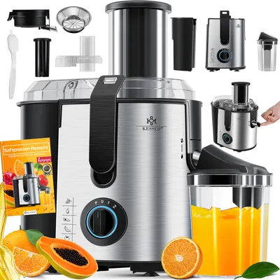 Produktbild von KESSER® Entsafter für Obst und Gemüse aus Edelstahl 1100W große 85 mm Einfüllöffnung inkl. Reinigungsbürste und Saftbehälter 3 Geschwindigkeitsstufen, Saftpresse Juicer, Silber