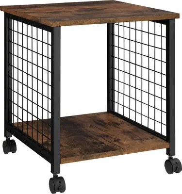 A product shot of a small side table with a rustic wood top and shelf, and a black metal frame with wire mesh sides. It has four wheels.