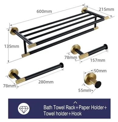 Produktbild von Handtuchablage Bad - Wandmontiertes Handtuchregal - 304 Edelstahl rostfrei - Rändel-Design - Schraubmontage - Matt Schwarz / Gebürstetes Gold