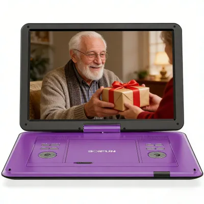 Image de Lecteur DVD portable BOIFUN 17 pouces avec écran HD orientable de 15,6 pouces pour la voiture, avec chargeur de voiture, prise en charge de la synchronisation TV/USB/carte SD, autonomie de 6 heures