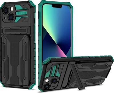 Immagine prodotto di Custodia per iPhone 14, custodia ibrida di protezione rugged con portacarte e supporto verde
