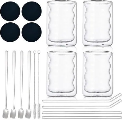 Productafbeelding van Dubbelwandige Latte Macchiato Glazen - Transparant - 350 ml - Borosilicaatglas - Set van 4 voor Koffie en Thee