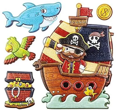 Produktbild von Kinderreliëfstickers in houtlook, piratenschip, 18 x 17,5 cm, vrolijke kleuren