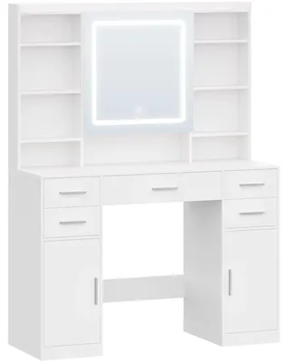 Productafbeelding van Make-uptafel met spiegel - Kaptafel - 5 lades - 9 open vakken - Verborgen opbergruimte - Zonder kruk - Moderne stijl - Wit