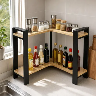 Produktbild von 2 Ebenen Küchenregal,Küchen Arbeitsplatten Organizer,platzsparendes Küchen Eckregal aus Holz & Metall,für Küche,Esszimmer,Büro 30x30x33cm