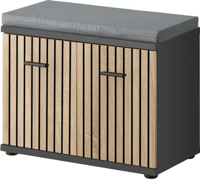 A shoe bench with storage and a seat cushion.