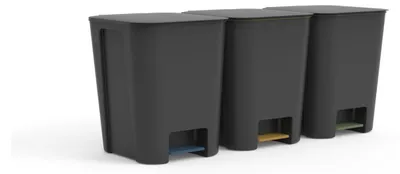 Three black trash cans with different colored pedals lined up against a white background.