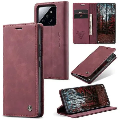 A collage of images showing a red flip-style phone case from different angles, including one showing the inside with card slots and another showing the phone in the case standing up.