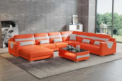 Image de Canapé De Salon En Forme De U Grand D'Angle En Cuir Orange Nouveau