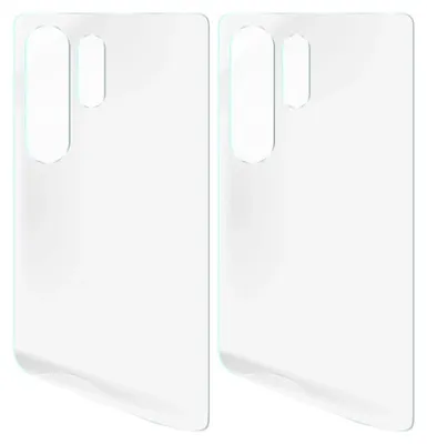Two clear hydrogel screen protectors for a smartphone, shown side-by-side on a white background.
