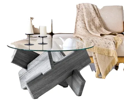 Image de Table basse, MDF et verre, élégant piètement en forme de croix, gris - MDF-verre