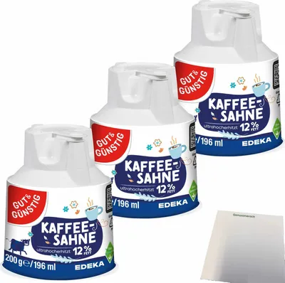 Produktbild von Gut & Günstig Kaffeesahnekännchen 12% Fett Kaffee-Sahne wiederverschließbar 3er Pack (3x200g) + usy Block
