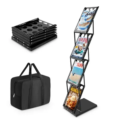 Produktbild von Mobiler Broschürenständer aus Metall – 4 Ablagen, faltbar & inkl. Tragetasche, Schwarz, 130 x 27 x 36 cm