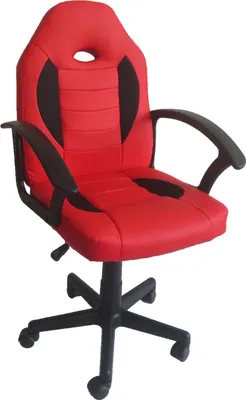 A red and black gaming chair on a white background.