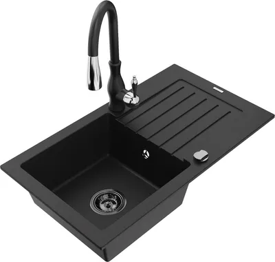 Produktbild von Mexen Pablo 1 Becken-Granitspüle mit Abtropffläche und Mischbatterie Savita, Schwarz - 6510-77-672601-70-B