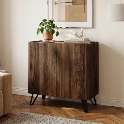Image de Commode "Trorlon" avec 2 portes, dimensions 83 x 80 x 40 cm, aspect noyer / travertin