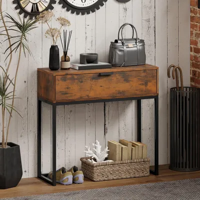 Immagine prodotto di Tavolino industriale con cassetto | Colore: nero, marrone | Dimensioni: 80x30x76 cm
